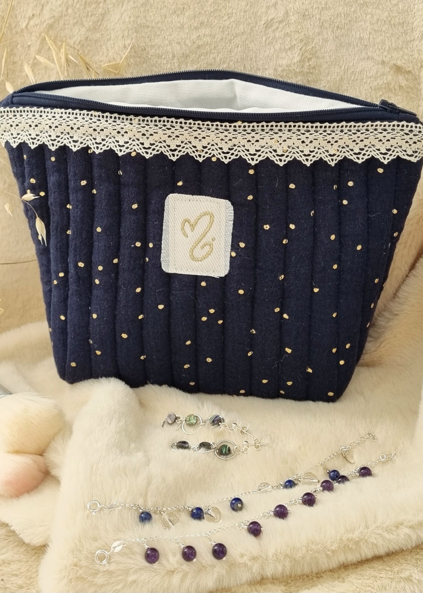 Pochette double gaze marine et dorée