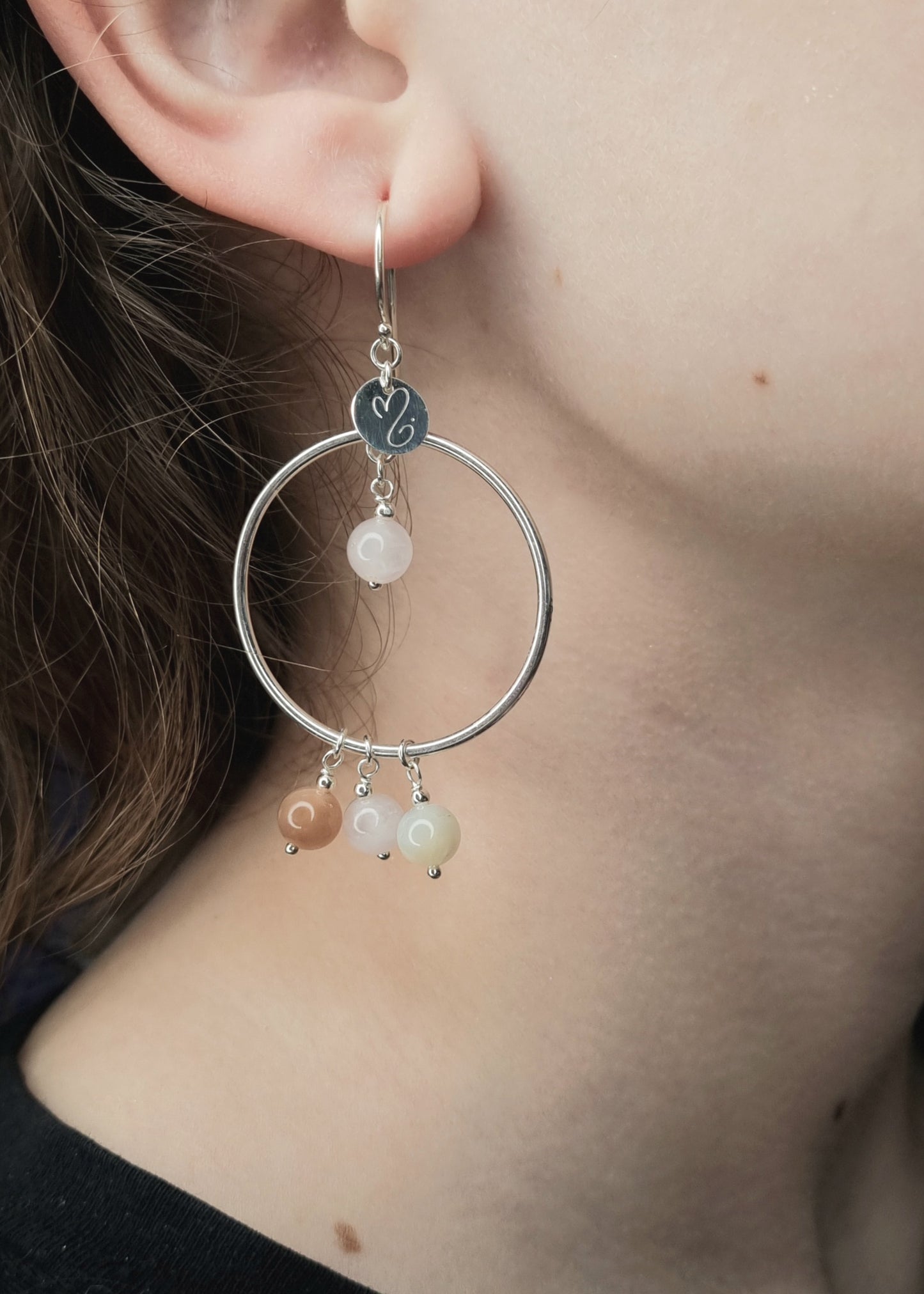CHARMEUSE Boucles d'oreilles créoles en argent 925, pierre de lune et quartz rose