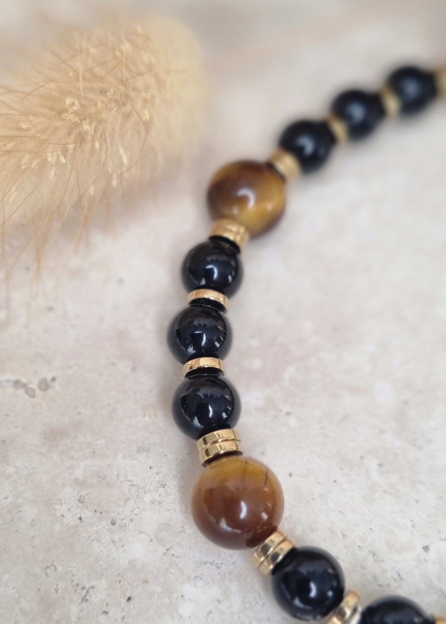 PROTECTION-FORCE-CONFIANCE Duo de Bracelets oeil de tigre, pierre de lave, onyx et hématite dorée