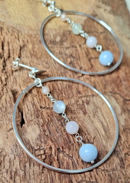 HARMONIE CELESTE Boucles d'oreilles Créoles en argent 925 et pierres naturelles, Pierre de Soleil, Pierres de Lune, Quartz Rose et Aigue-Marine