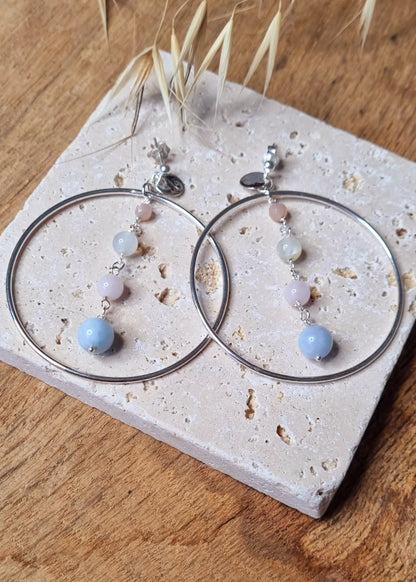 HARMONIE CELESTE Boucles d'oreilles Créoles en argent 925 et pierres naturelles, Pierre de Soleil, Pierres de Lune, Quartz Rose et Aigue-Marine